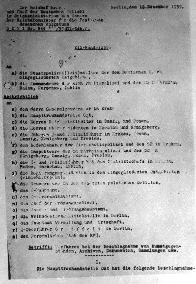 An order issued in Berlin regarding the confiscation of art objects and scientific equipment from occupied Poland.